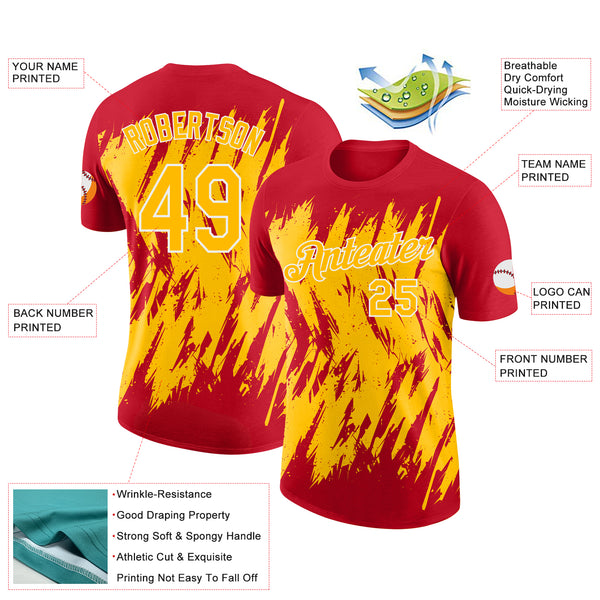 Custom Red Yellow-White Torn Sharp Brush Stroke Splatter Performance T-Shirt