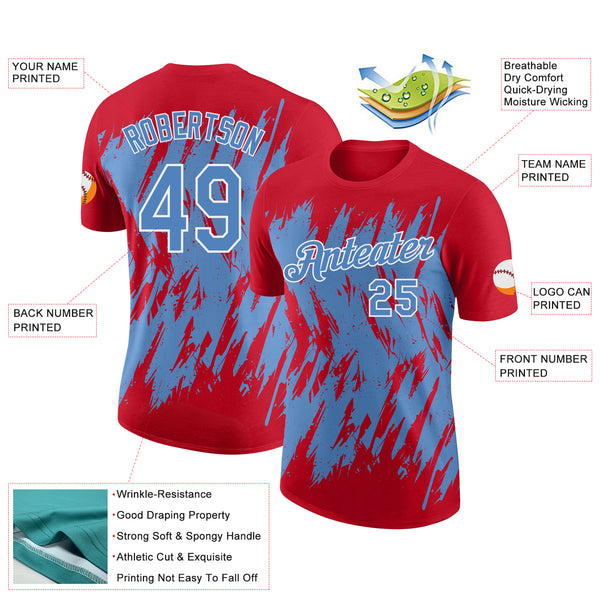 Custom Red Light Blue-White Torn Sharp Brush Stroke Splatter Performance T-Shirt