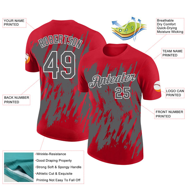Custom Red Steel Gray-White Torn Sharp Brush Stroke Splatter Performance T-Shirt