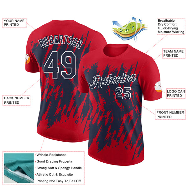 Custom Red Navy-White Torn Sharp Brush Stroke Splatter Performance T-Shirt