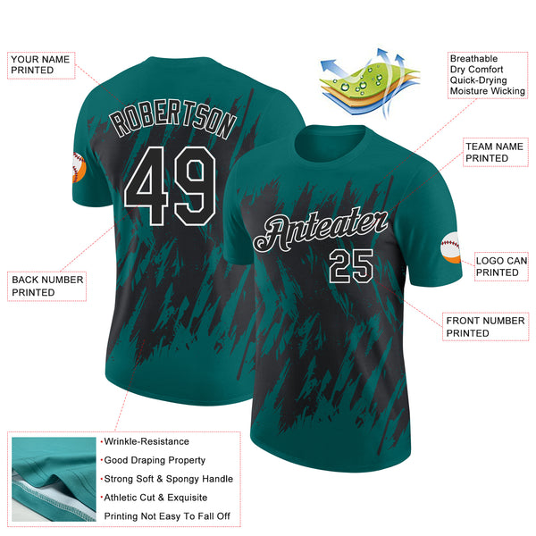 Custom Teal Black-White Torn Sharp Brush Stroke Splatter Performance T-Shirt