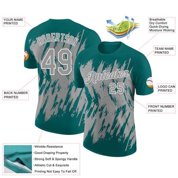 Custom Teal Gray-White Torn Sharp Brush Stroke Splatter Performance T-Shirt