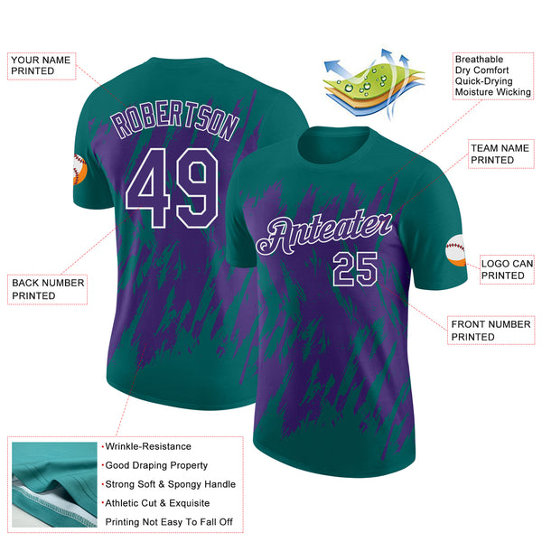 Custom Teal Purple-White Torn Sharp Brush Stroke Splatter Performance T-Shirt