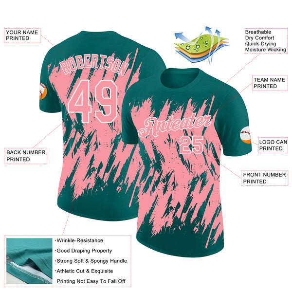 Custom Teal Medium Pink-White Torn Sharp Brush Stroke Splatter Performance T-Shirt