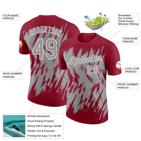 Custom Crimson Gray-White Torn Sharp Brush Stroke Splatter Performance T-Shirt