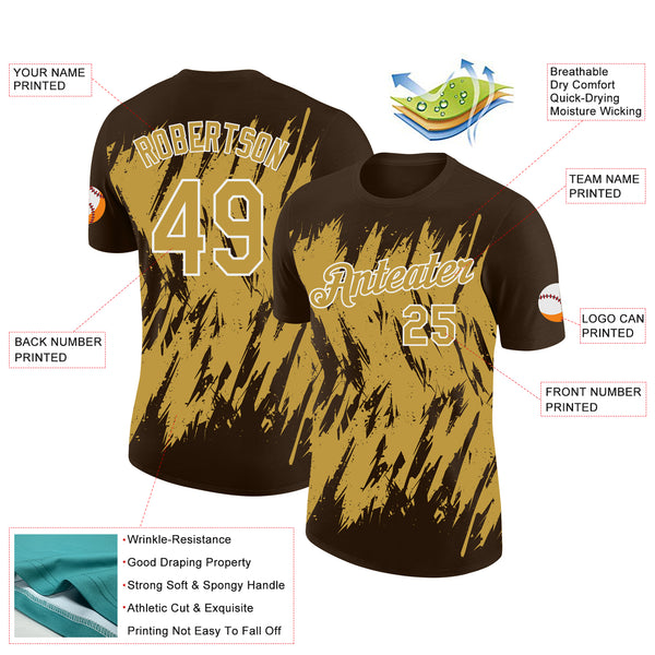 Custom Brown Old Gold-White Torn Sharp Brush Stroke Splatter Performance T-Shirt