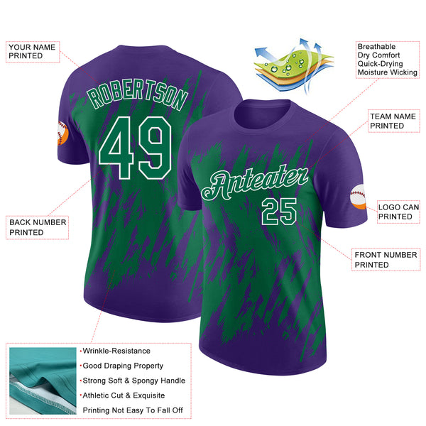 Custom Purple Kelly Green-White Torn Sharp Brush Stroke Splatter Performance T-Shirt