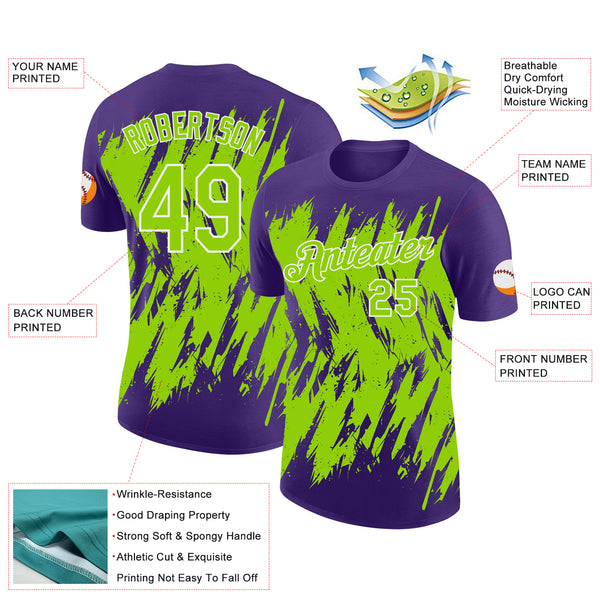 Custom Purple Neon Green-White Torn Sharp Brush Stroke Splatter Performance T-Shirt