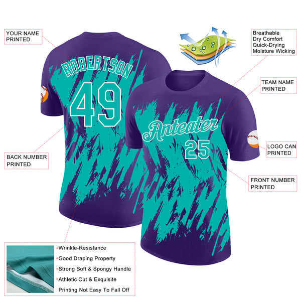 Custom Purple Aqua-White Torn Sharp Brush Stroke Splatter Performance T-Shirt
