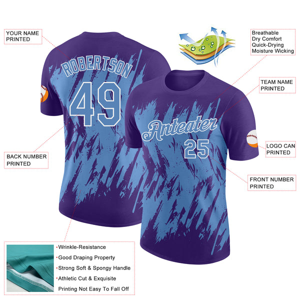 Custom Purple Light Blue-White Torn Sharp Brush Stroke Splatter Performance T-Shirt