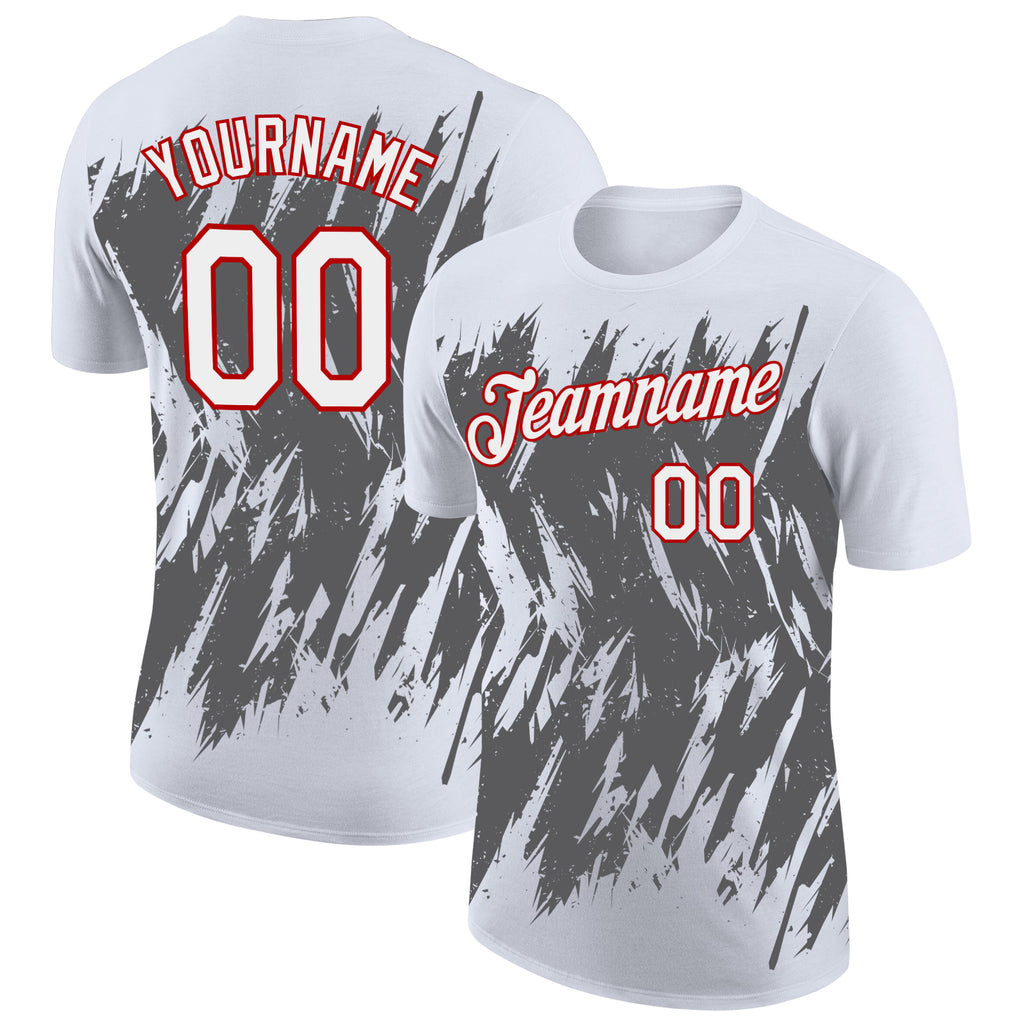 Custom White Steel Gray-Red Torn Sharp Brush Stroke Splatter Performance T-Shirt