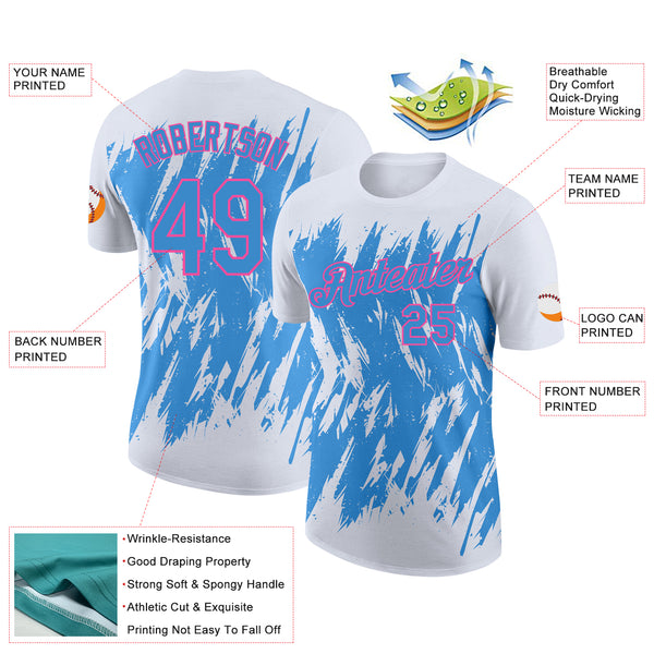 Custom White Powder Blue-Pink Torn Sharp Brush Stroke Splatter Performance T-Shirt