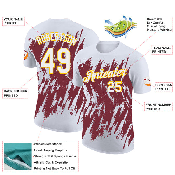 Custom White Burgundy-Yellow Torn Sharp Brush Stroke Splatter Performance T-Shirt