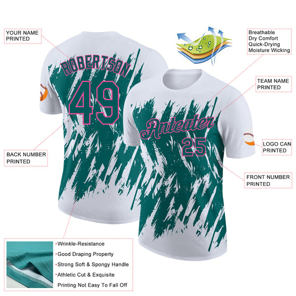 Custom White Teal-Pink Torn Sharp Brush Stroke Splatter Performance T-Shirt