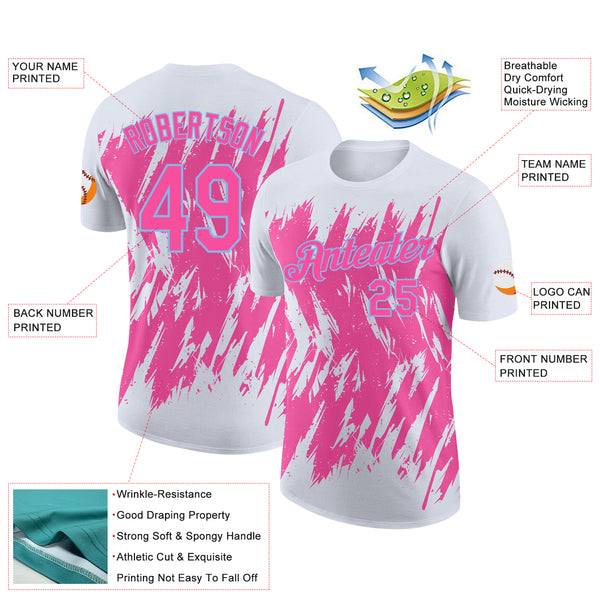 Custom White Pink-Light Blue Torn Sharp Brush Stroke Splatter Performance T-Shirt