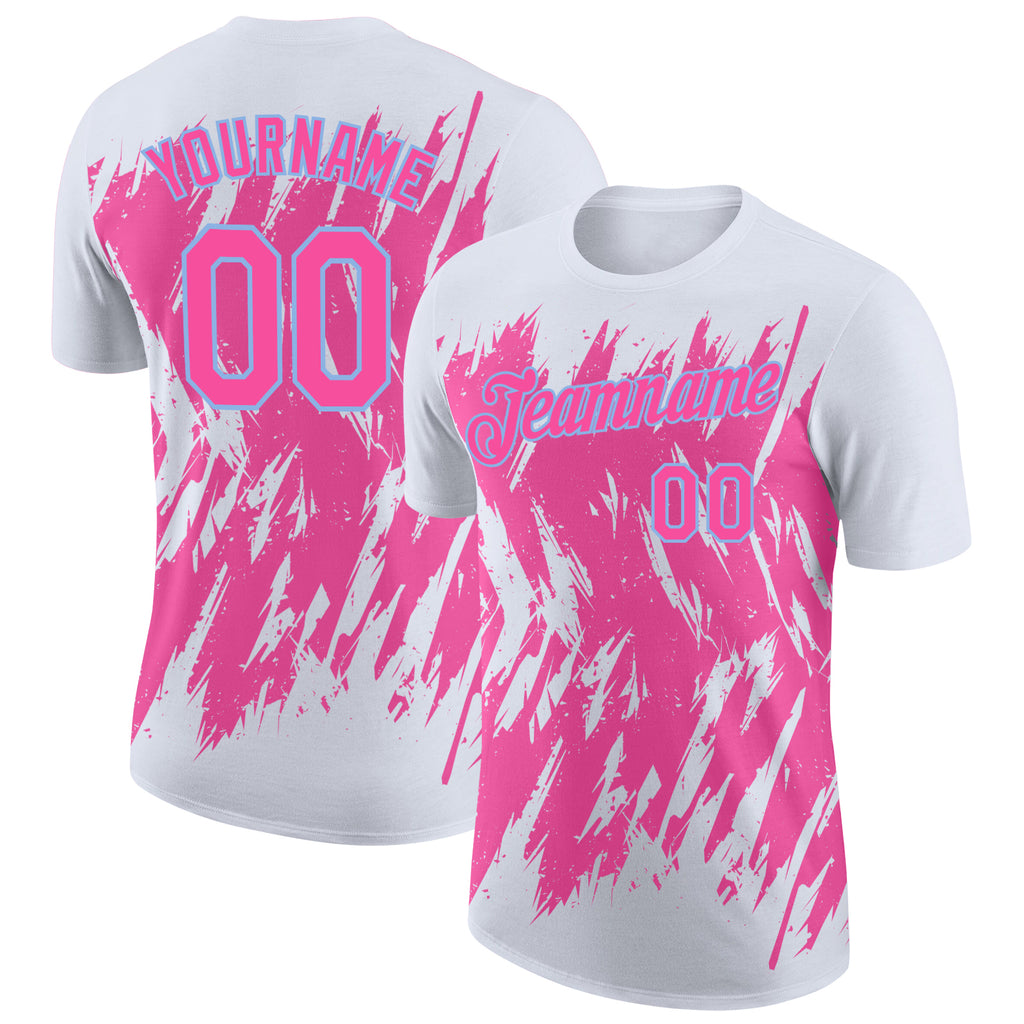 Custom White Pink-Light Blue Torn Sharp Brush Stroke Splatter Performance T-Shirt