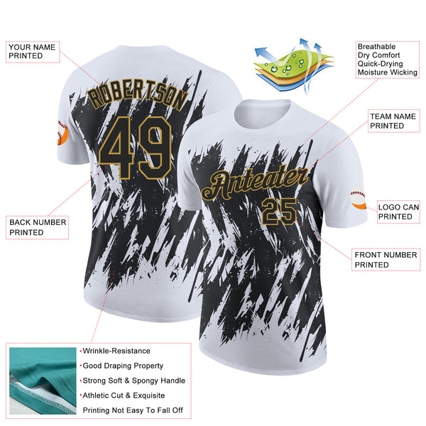Custom White Black-Old Gold Torn Sharp Brush Stroke Splatter Performance T-Shirt