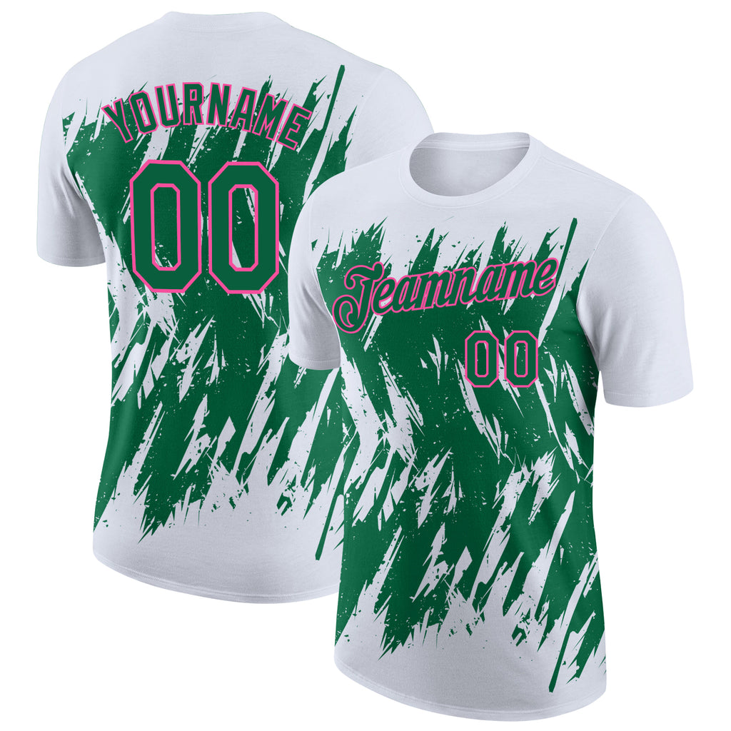 Custom White Kelly Green-Pink Torn Sharp Brush Stroke Splatter Performance T-Shirt