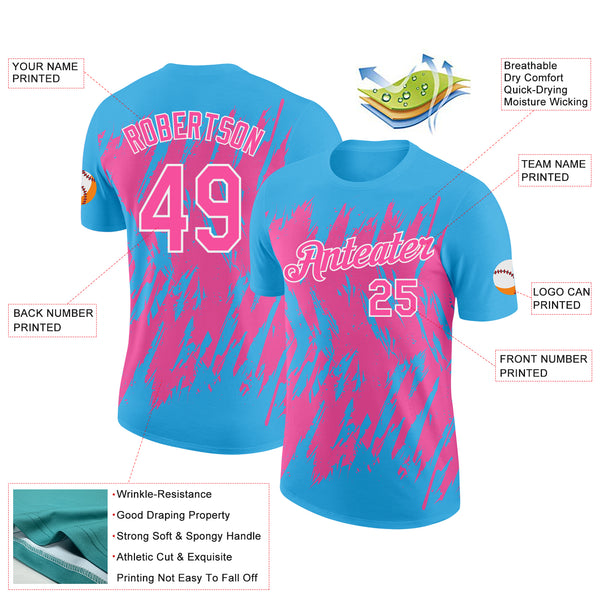 Custom Sky Blue Pink-White Torn Sharp Brush Stroke Splatter Performance T-Shirt