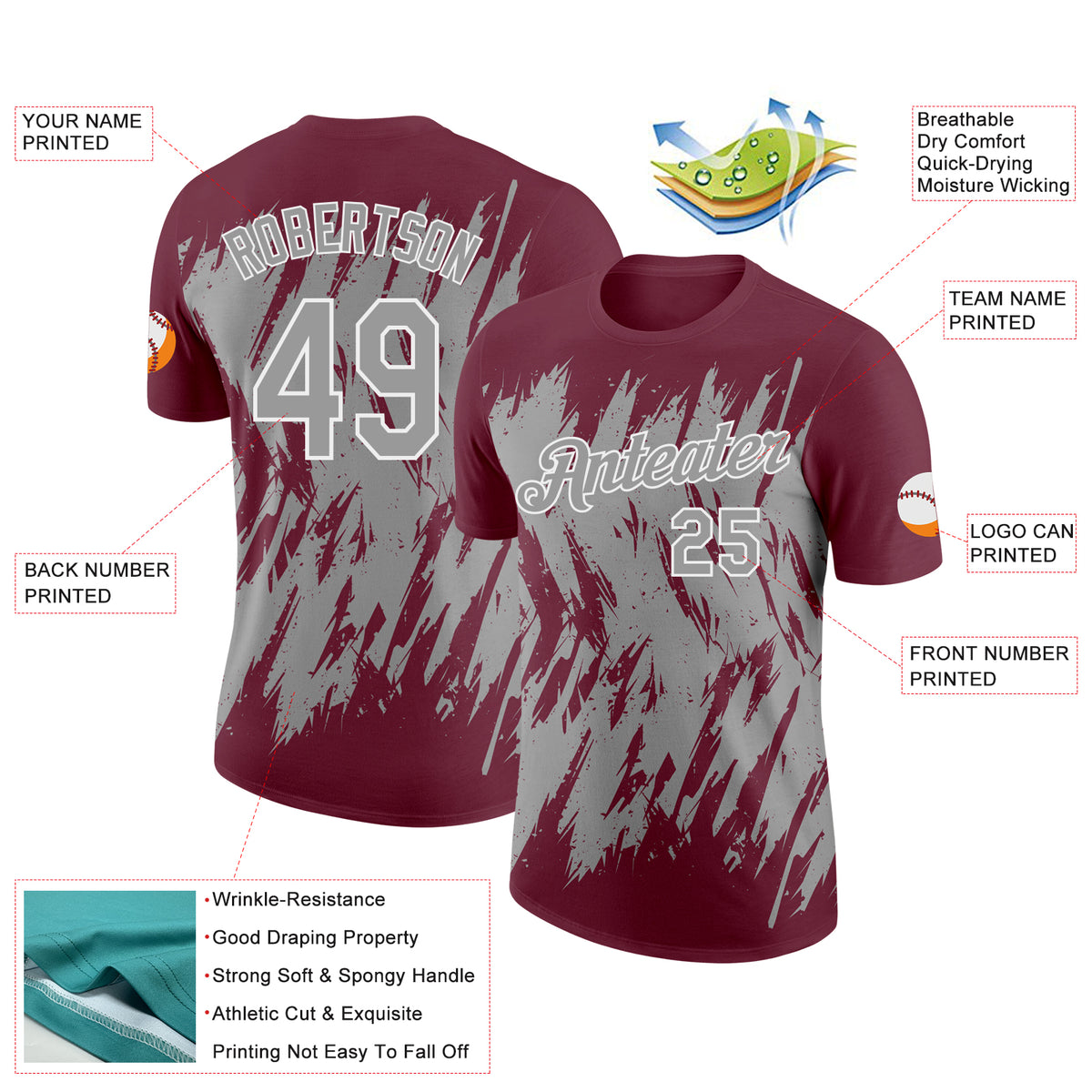 Custom Torn Sharp Brush Stroke Splatter Performance T-Shirt Burgundy ...