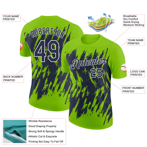 Custom Neon Green Navy-White Torn Sharp Brush Stroke Splatter Performance T-Shirt
