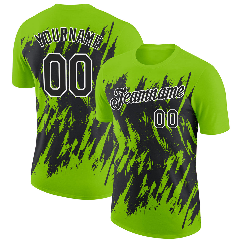 Custom Neon Green Black-White Torn Sharp Brush Stroke Splatter Performance T-Shirt
