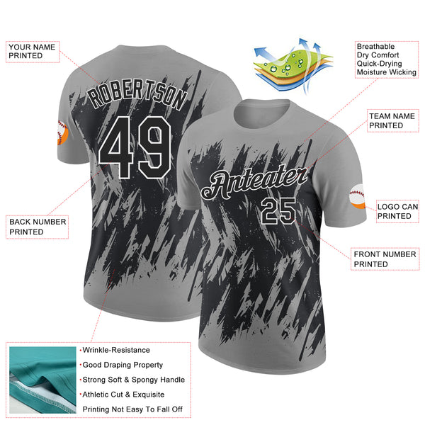 Custom Gray Black-White Torn Sharp Brush Stroke Splatter Performance T-Shirt