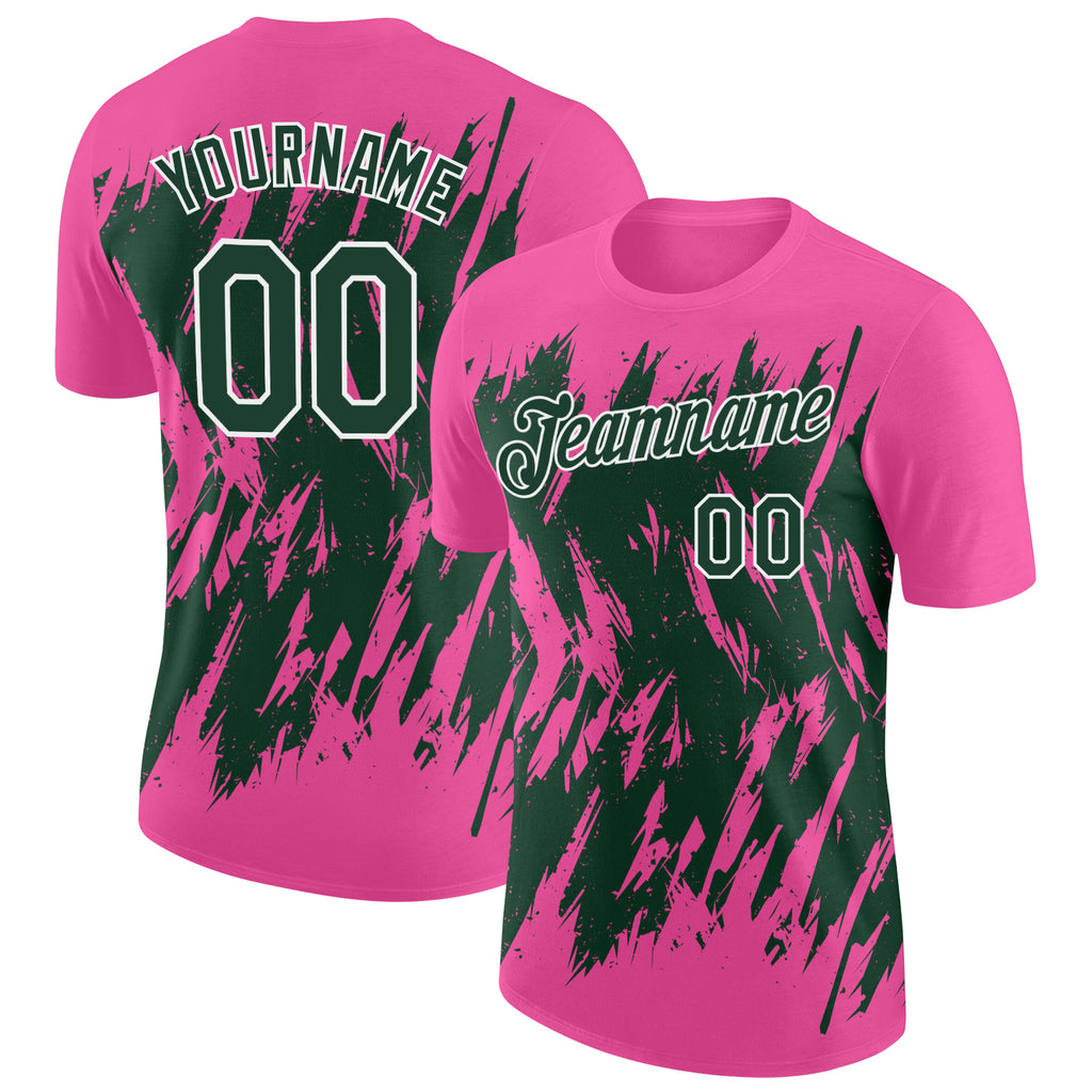 Custom Pink Green-White Torn Sharp Brush Stroke Splatter Performance T-Shirt