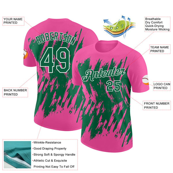 Custom Pink Kelly Green-White Torn Sharp Brush Stroke Splatter Performance T-Shirt