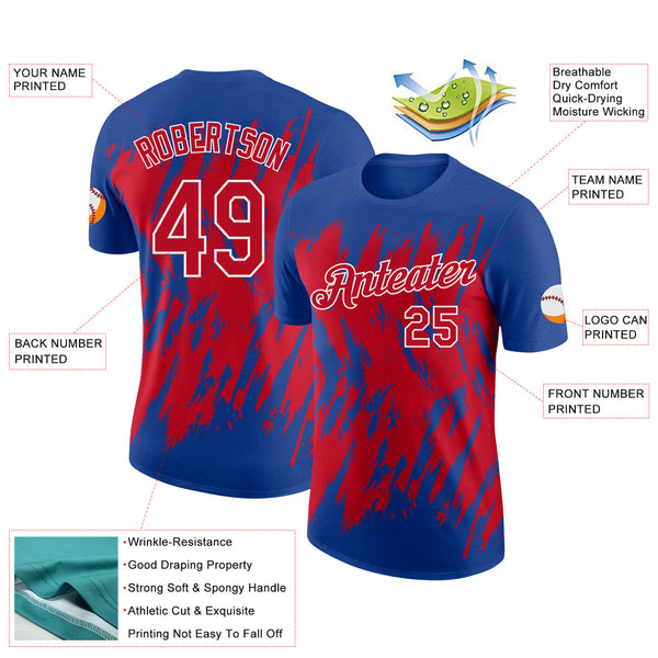 Custom Royal Red-White Torn Sharp Brush Stroke Splatter Performance T-Shirt