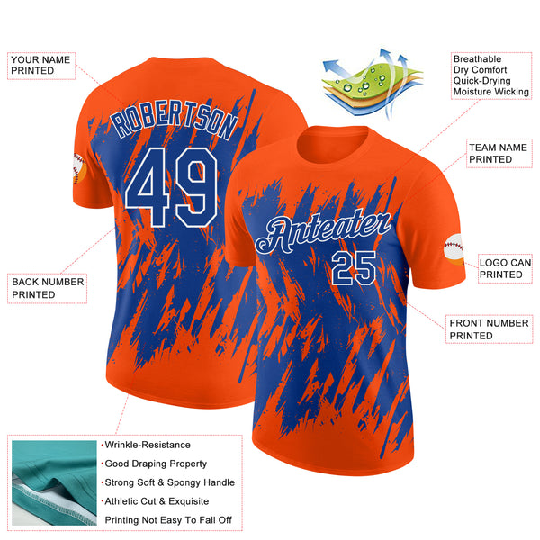Custom Orange Royal-White Torn Sharp Brush Stroke Splatter Performance T-Shirt