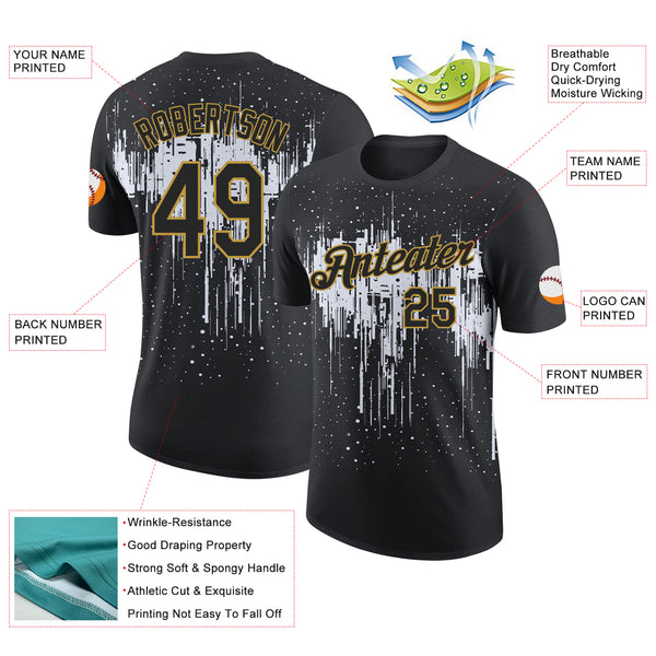 Custom Black White-Old Gold Dripping Splatter Paint Performance T-Shirt