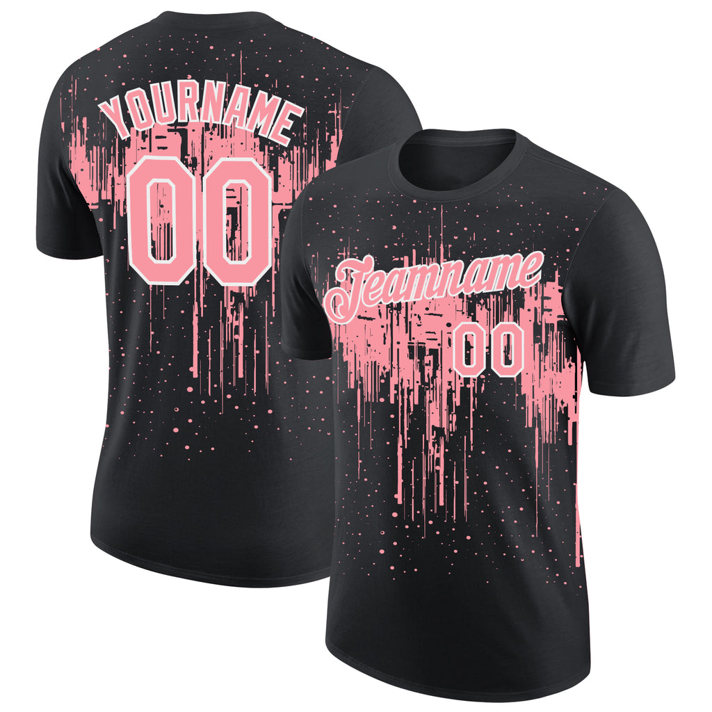 Custom Black Medium Pink-White Dripping Splatter Paint Performance T-Shirt