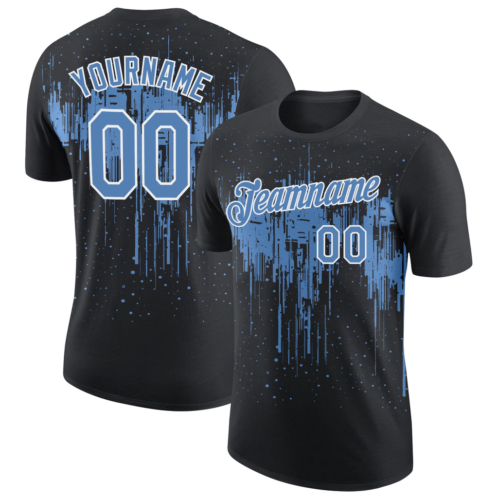 Custom Black Light Blue-White Dripping Splatter Paint Performance T-Shirt