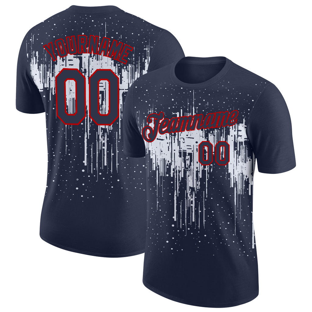Custom Navy White-Red Dripping Splatter Paint Performance T-Shirt