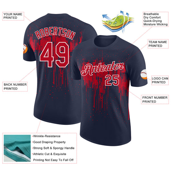Custom Navy Red-White Dripping Splatter Paint Performance T-Shirt