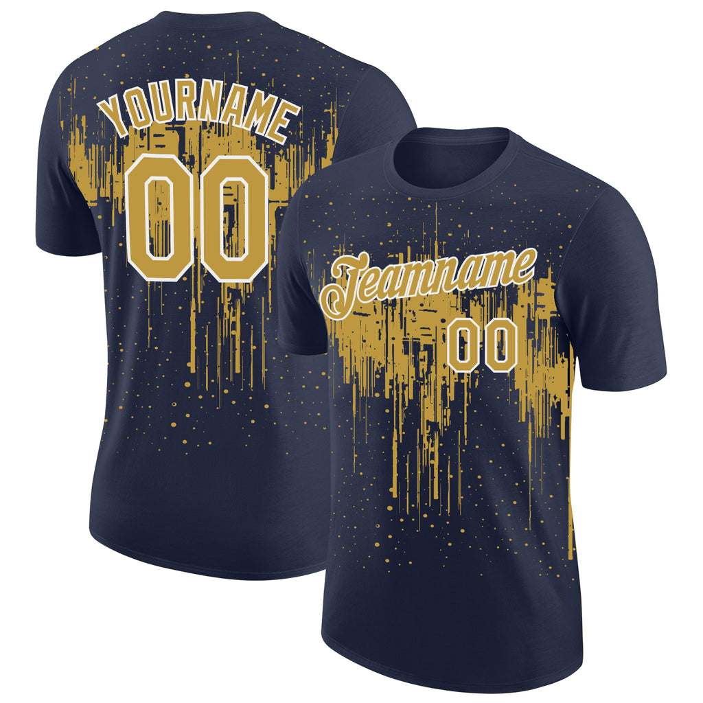 Custom Navy Old Gold-White Dripping Splatter Paint Performance T-Shirt