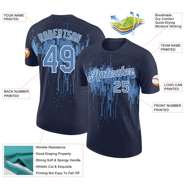 Custom Navy Light Blue-White Dripping Splatter Paint Performance T-Shirt