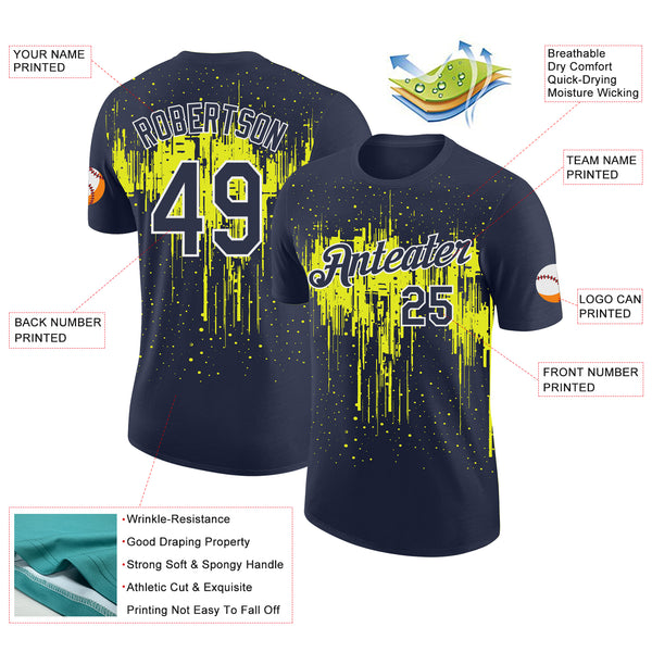 Custom Navy Neon Yellow-White Dripping Splatter Paint Performance T-Shirt