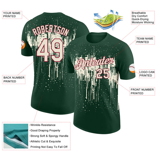 Custom Green Cream-Crimson Dripping Splatter Paint Performance T-Shirt