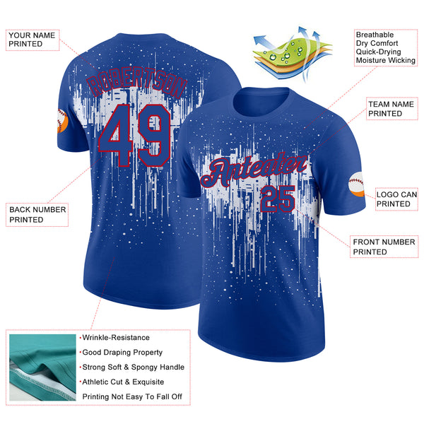 Custom Royal White-Red Dripping Splatter Paint Performance T-Shirt