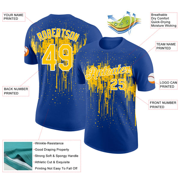 Custom Royal Yellow-White Dripping Splatter Paint Performance T-Shirt
