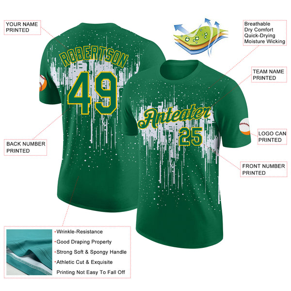 Custom Kelly Green White-Yellow Dripping Splatter Paint Performance T-Shirt