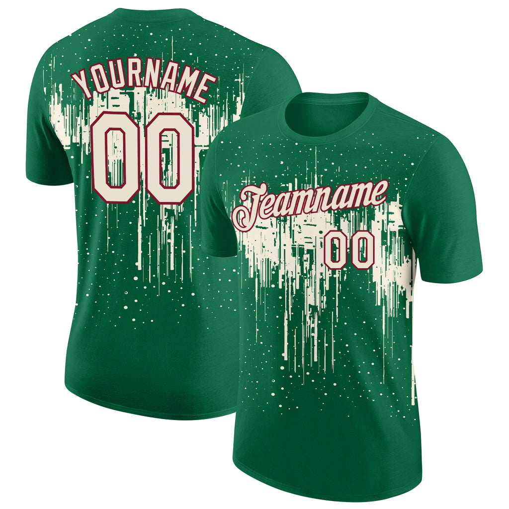 Custom Kelly Green Cream-Crimson Dripping Splatter Paint Performance T-Shirt