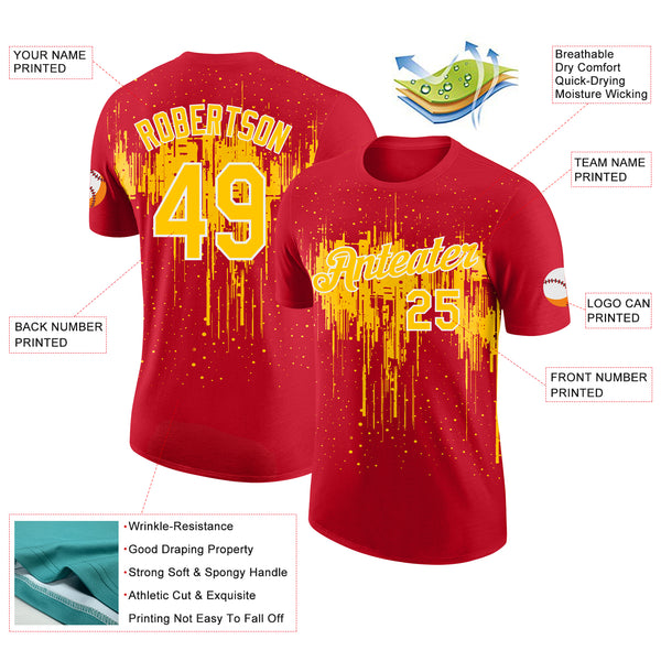 Custom Red Yellow-White Dripping Splatter Paint Performance T-Shirt