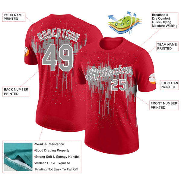 Custom Red Gray-White Dripping Splatter Paint Performance T-Shirt
