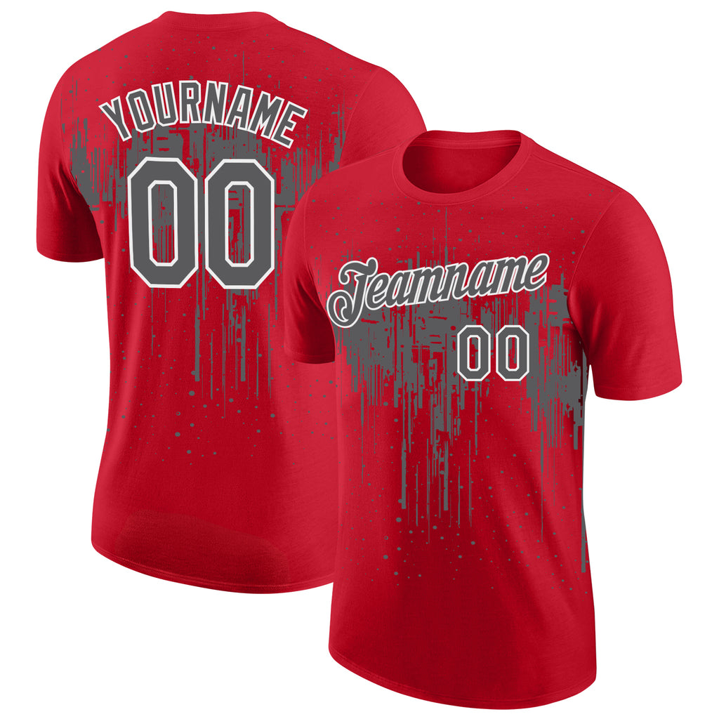 Custom Red Steel Gray-White Dripping Splatter Paint Performance T-Shirt