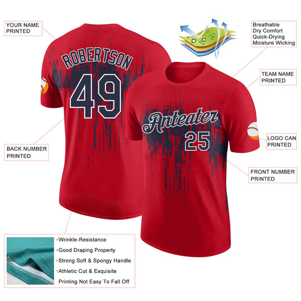 Custom Red Navy-White Dripping Splatter Paint Performance T-Shirt