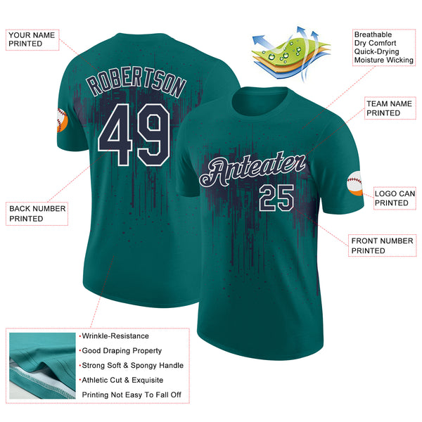 Custom Teal Navy-White Dripping Splatter Paint Performance T-Shirt