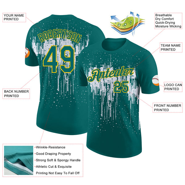 Custom Teal White-Yellow Dripping Splatter Paint Performance T-Shirt